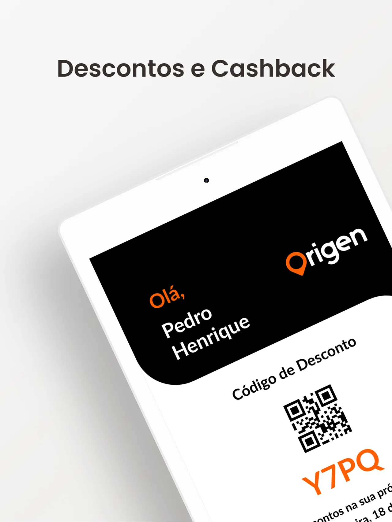Tela do aplicativo Origen mostrando descontos, QR code para código de desconto Y7PQ e a saudação Olá, Pedro Henrique.