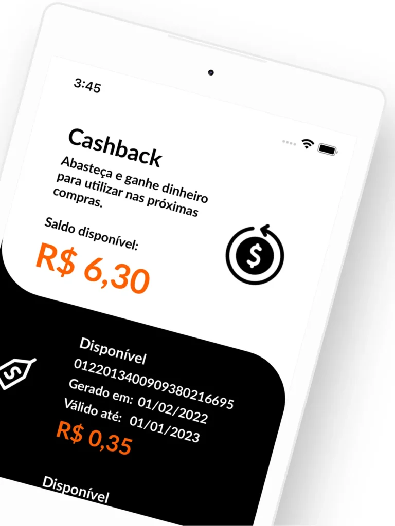 Tela do aplicativo mostrando o saldo de cashback disponível de R$ 6,30 e um crédito detalhado de R$ 0,35 válido até 01/01/2023.