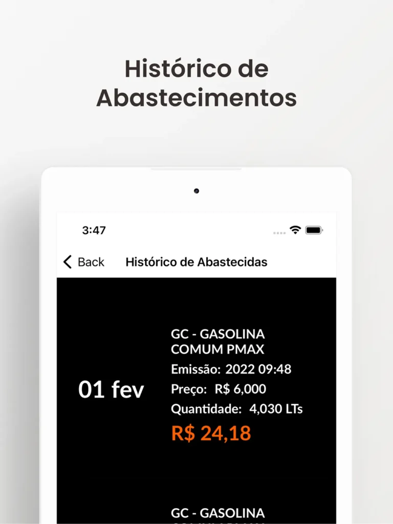 Tela do aplicativo mostrando o histórico de abastecimentos, com um registro de 1 de fevereiro de Gasolina Comum PMAX no valor de R$ 24,18.